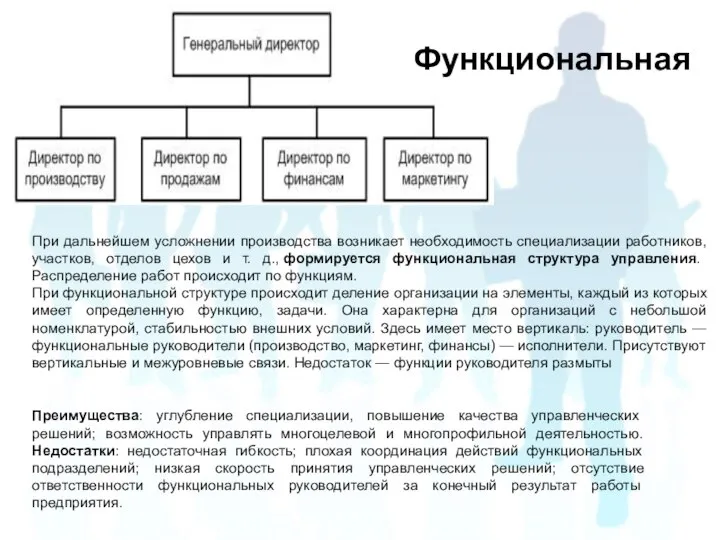 Функциональная При дальнейшем усложнении производства возникает необходимость специализации работников, участков, отделов