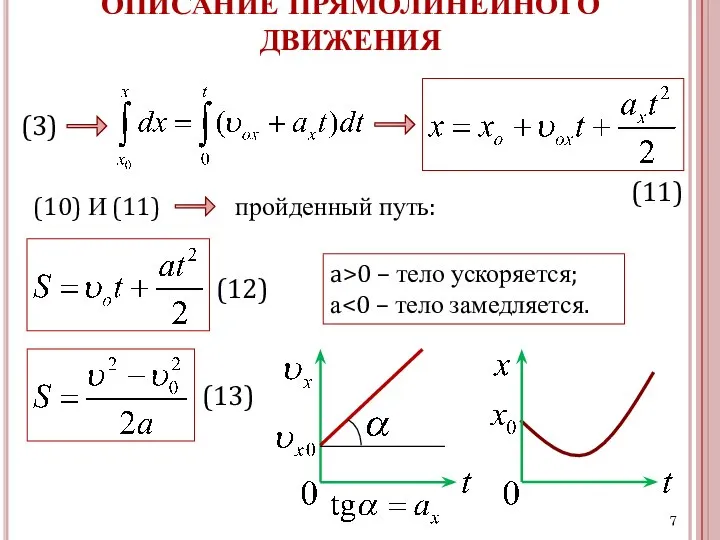 ОПИСАНИЕ ПРЯМОЛИНЕЙНОГО ДВИЖЕНИЯ (3) (11) (10) И (11) пройденный путь: a>0