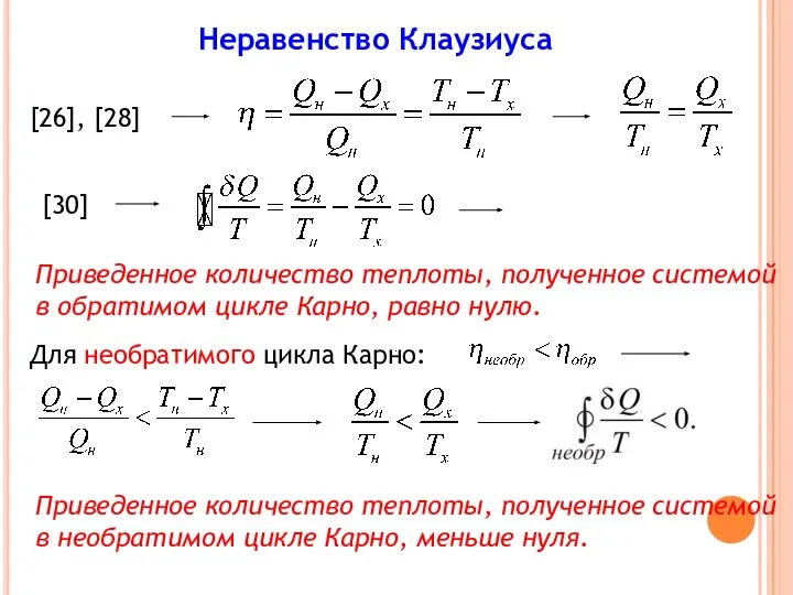 [26], [28] Неравенство Клаузиуса [30] Приведенное количество теплоты, полученное системой в