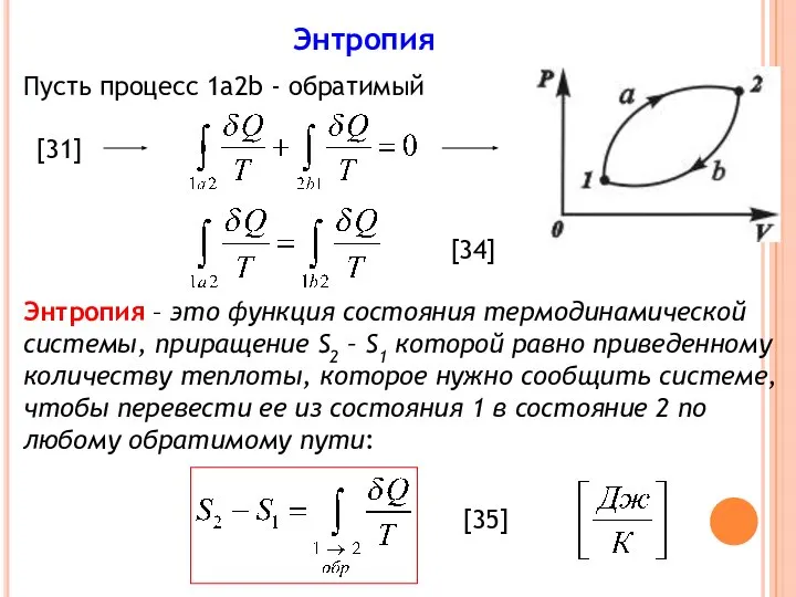 Энтропия . [34] Пусть процесс 1а2b - обратимый [31] Энтропия –