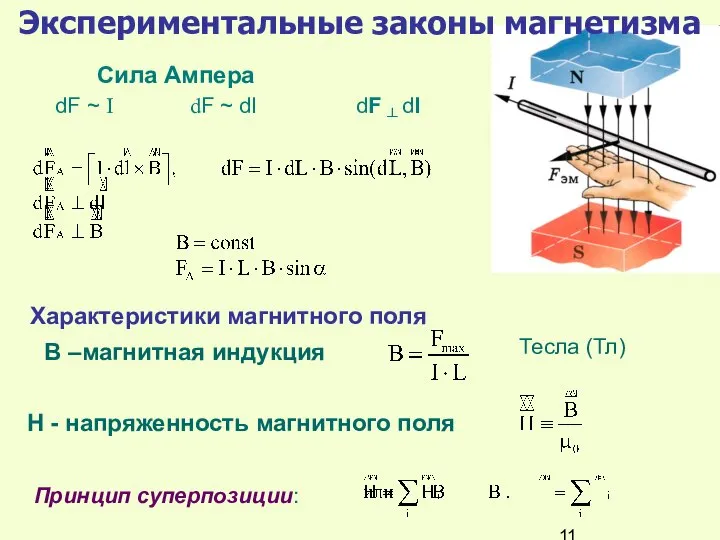 Экспериментальные законы магнетизма Сила Ампера dF ~ I dF ~ dl