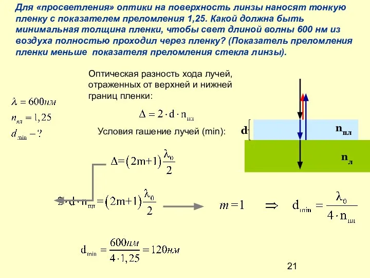 Условия гашение лучей (min): Для «просветления» оптики на поверхность линзы наносят