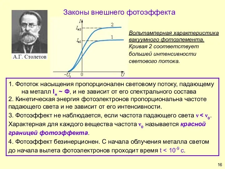 Законы внешнего фотоэффекта Вольтамперная характеристика вакуумного фотоэлемента. Кривая 2 соответствует большей интенсивности светового потока.