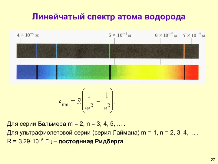 Линейчатый спектр атома водорода частот спектральных линий: Для серии Бальмера m