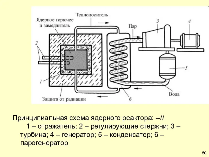 Принципиальная схема ядерного реактора: --// 1 – отражатель; 2 – регулирующие