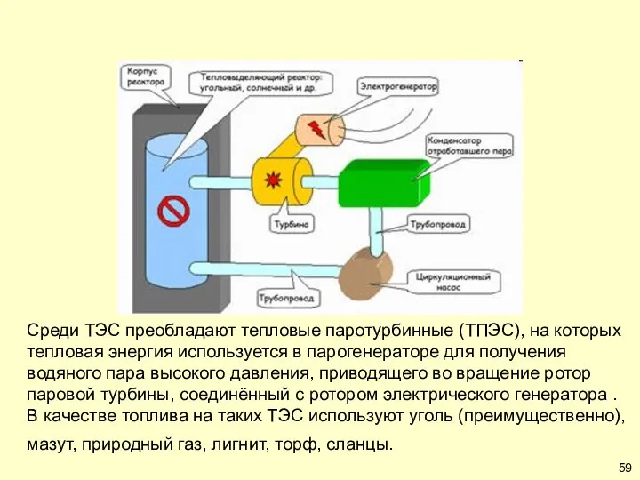 Среди ТЭС преобладают тепловые паротурбинные (ТПЭС), на которых тепловая энергия используется