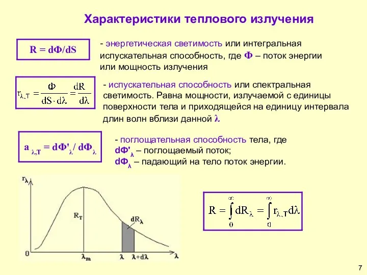 - испускательная способность или спектральная светимость. Равна мощности, излучаемой с единицы