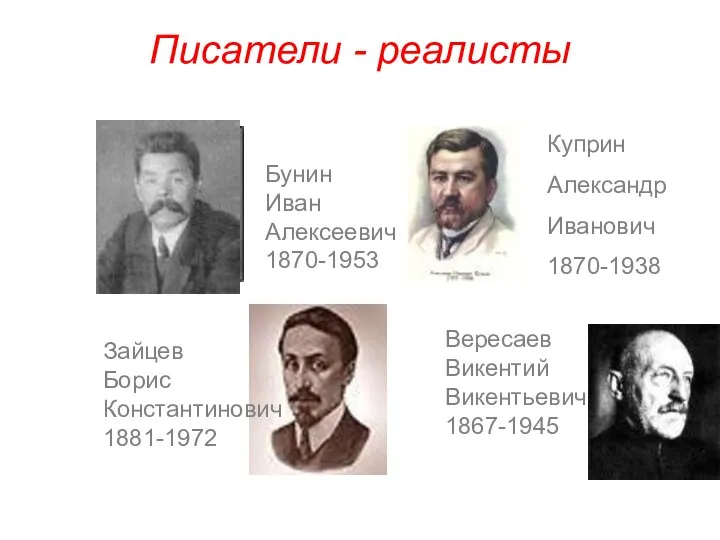 Писатели - реалисты Бунин Иван Алексеевич 1870-1953 Куприн Александр Иванович 1870-1938