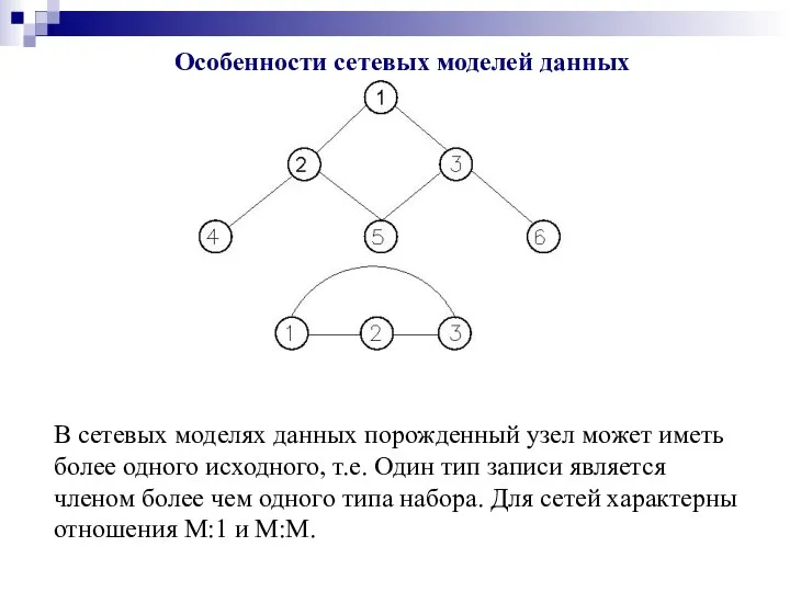 Особенности сетевых моделей данных В сетевых моделях данных порожденный узел может