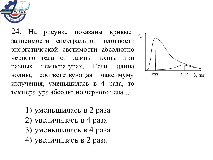 24. На рисунке показаны кривые зависимости спектральной плотности энергетической светимости абсолютно