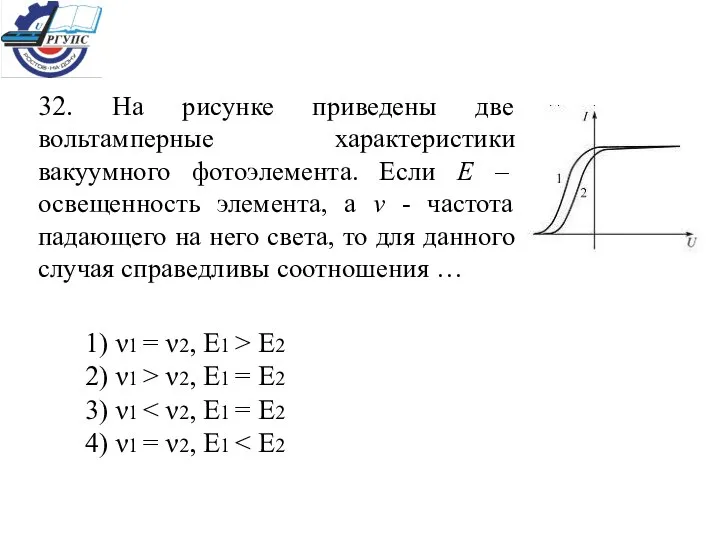 32. На рисунке приведены две вольтамперные характеристики вакуумного фотоэлемента. Если Е