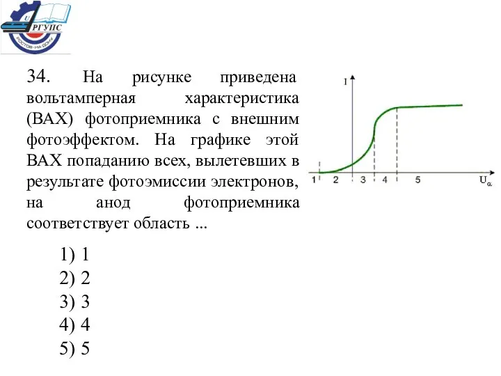 34. На рисунке приведена вольтамперная характеристика (ВАХ) фотоприемника с внешним фотоэффектом.