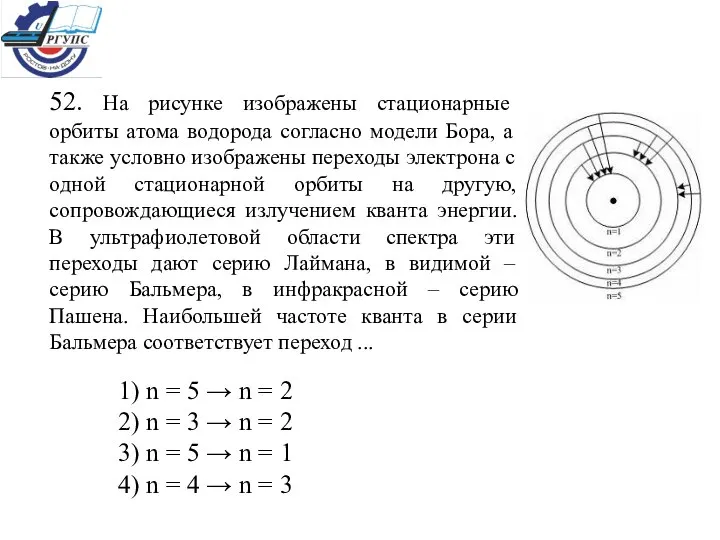 52. На рисунке изображены стационарные орбиты атома водорода согласно модели Бора,