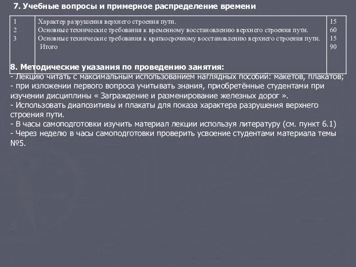 7. Учебные вопросы и примерное распределение времени 8. Методические указания по