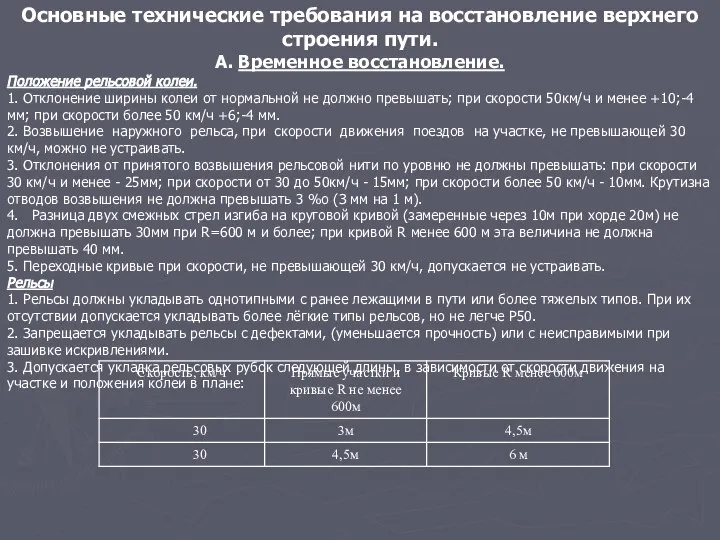 Основные технические требования на восстановление верхнего строения пути. А. Временное восстановление.