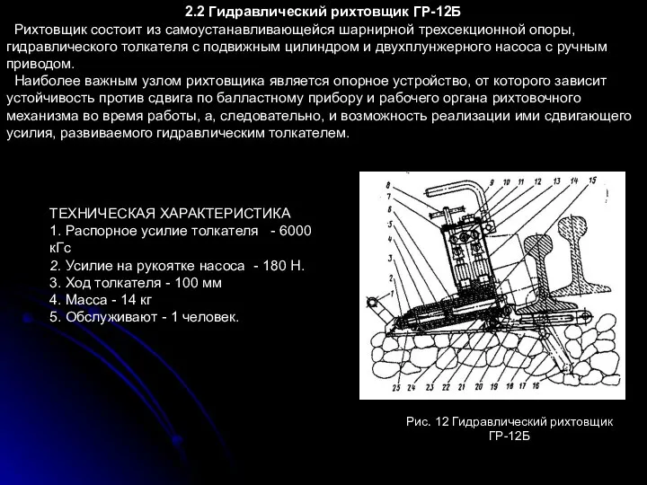 2.2 Гидравлический рихтовщик ГР-12Б Рихтовщик состоит из самоустанавливающейся шарнирной трехсекционной опоры,