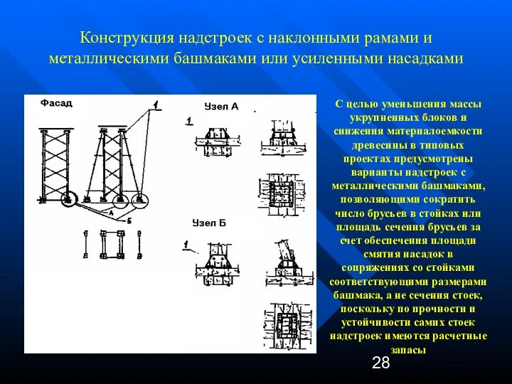 Конструкция надстроек с наклонными рамами и металлическими башмаками или усиленными насадками