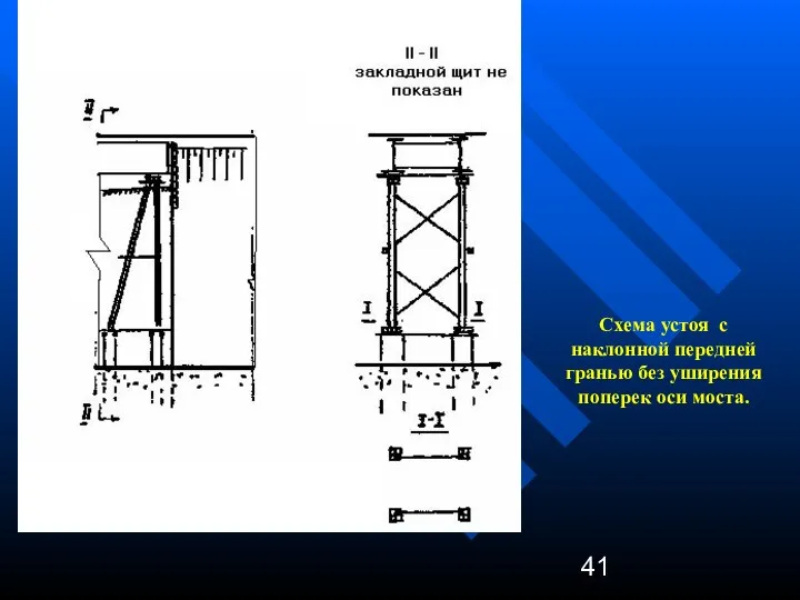 Схема устоя с наклонной передней гранью без уширения поперек оси моста.