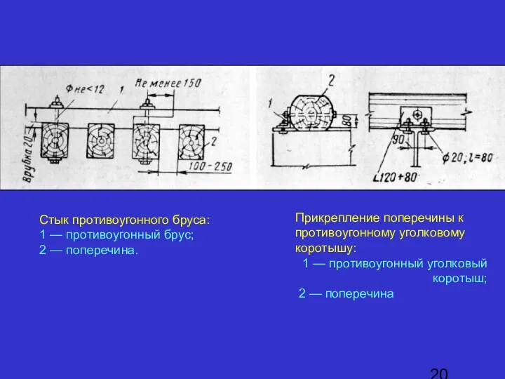 Стык противоугонного бруса: 1 — противоугонный брус; 2 — поперечина. Прикрепление