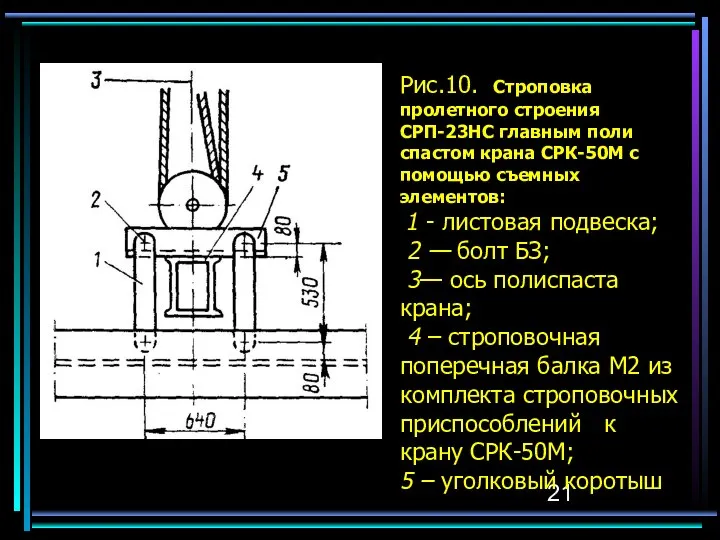 Рис.10. Строповка пролетного строения СРП-23НС главным поли­спастом крана СРК-50М с помощью