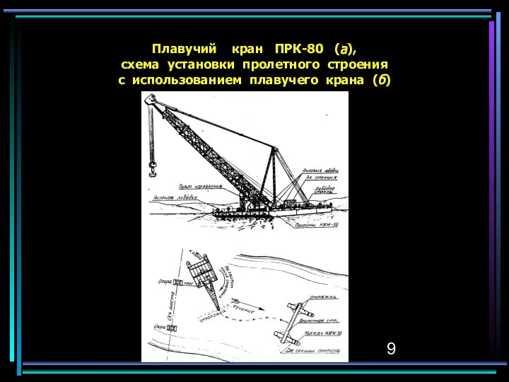 Плавучий кран ПРК-80 (а), схема установки пролетного строения с использованием плавучего крана (б) а)