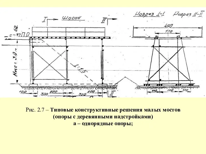 Рис. 2.7 – Типовые конструктивные решения малых мостов (опоры с деревянными надстройками) а – однорядные опоры;