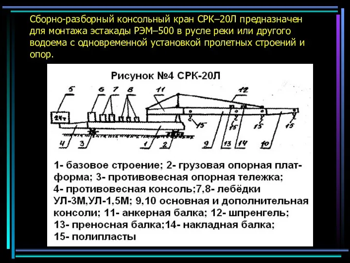 Сборно-разборный консольный кран СРК–20Л предназначен для монтажа эстакады РЭМ–500 в русле