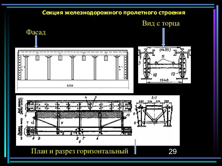 Секция железнодорожного пролетного строения Фасад Вид с торца План и разрез горизонтальный