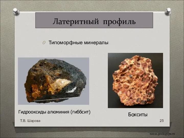 Типоморфные минералы Т.В. Шарова Гидрооксиды алюминия (гиббсит) mmus.geology.pu.ru Бокситы Латеритный профиль