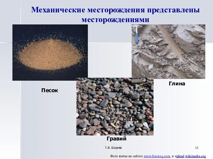 Т.В. Шарова Механические месторождения представлены месторождениями Гравий Песок Глина Фото взяты