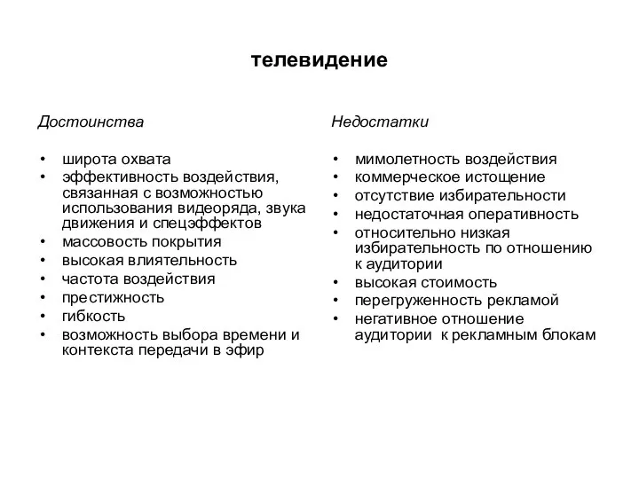 телевидение Достоинства широта охвата эффективность воздействия, связанная с возможностью использования видеоряда,