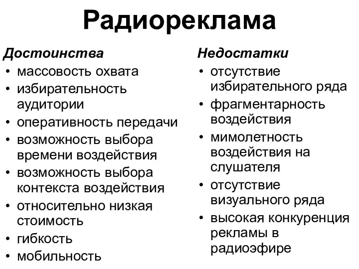 Радиореклама Достоинства массовость охвата избирательность аудитории оперативность передачи возможность выбора времени