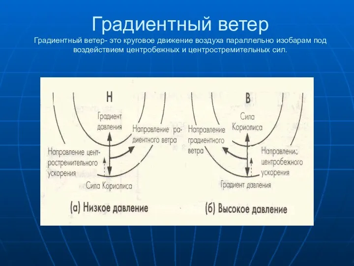 Градиентный ветер Градиентный ветер- это круговое движение воздуха параллельно изобарам под воздействием центробежных и центростремительных сил.