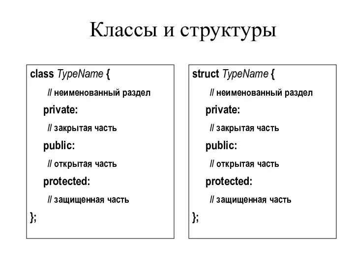 Классы и структуры struct TypeName { // неименованный раздел private: //