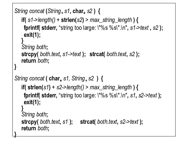 String concat (String* s1, char* s2 ) { if( s1->length() +