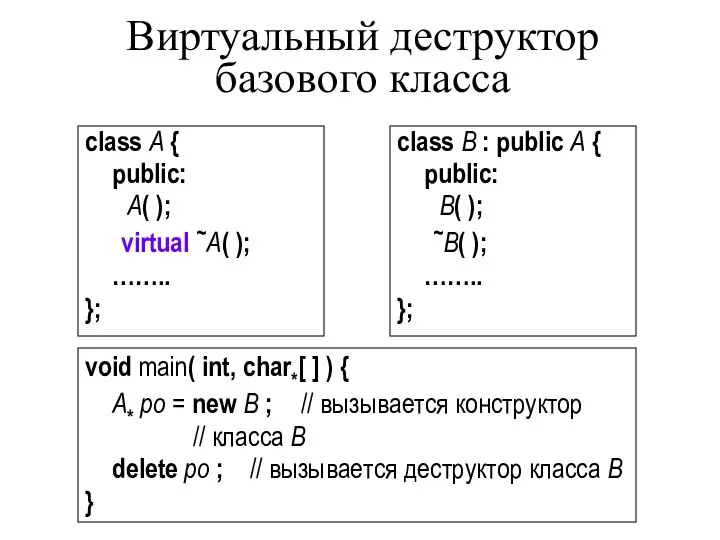 Виртуальный деструктор базового класса class A { public: A( ); virtual