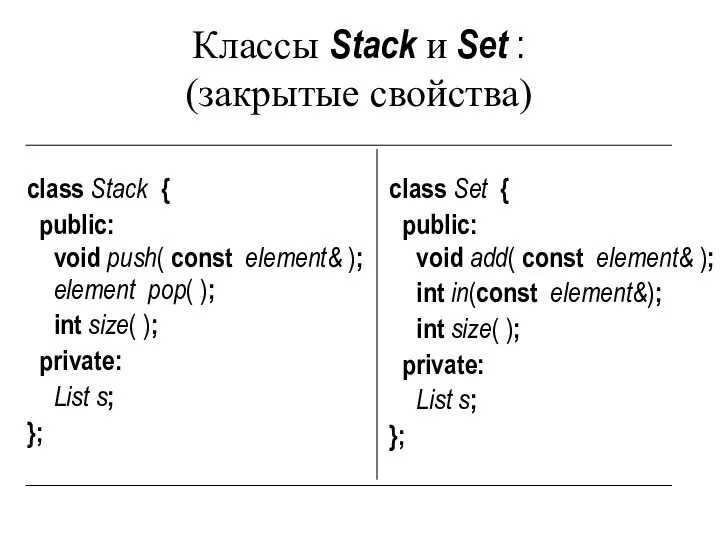 Классы Stack и Set : (закрытые свойства) class Stack { public: