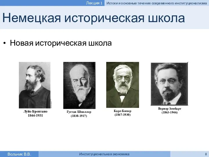 Немецкая историческая школа Новая историческая школа Вольчик В.В. Институциональная экономика Лекция