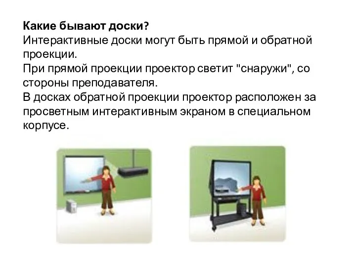 Какие бывают доски? Интерактивные доски могут быть прямой и обратной проекции.