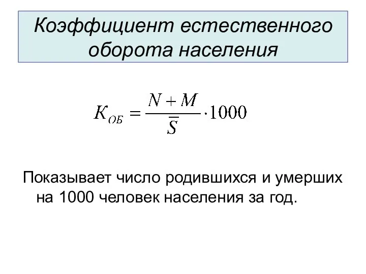 Коэффициент естественного оборота населения Показывает число родившихся и умерших на 1000 человек населения за год.