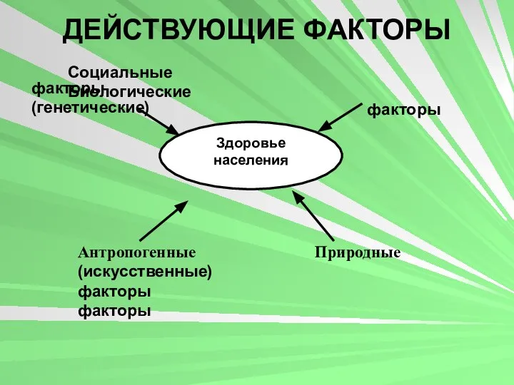 ДЕЙСТВУЮЩИЕ ФАКТОРЫ Здоровье населения Социальные Биологические факторы (генетические) факторы Антропогенные Природные (искусственные) факторы факторы