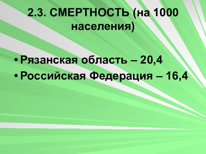 2.3. СМЕРТНОСТЬ (на 1000 населения) Рязанская область – 20,4 Российская Федерация – 16,4