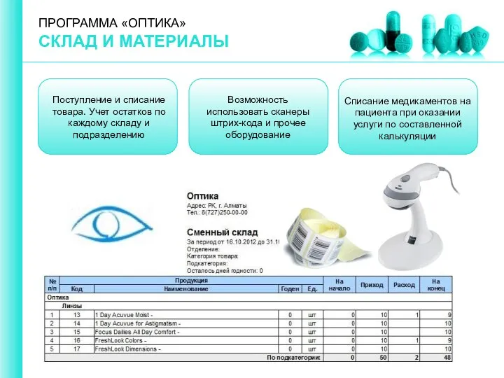 ПРОГРАММА «ОПТИКА» СКЛАД И МАТЕРИАЛЫ Поступление и списание товара. Учет остатков