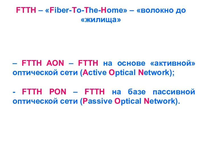 FTTH – «Fiber-To-The-Home» – «волокно до «жилища» – FTTH AON –