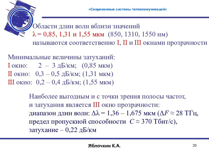 Области длин волн вблизи значений λ = 0,85, 1,31 и 1,55