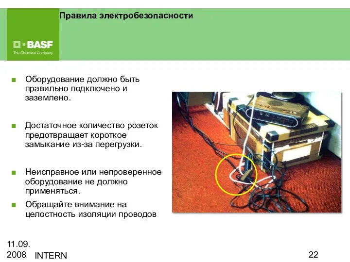 11.09.2008 INTERN Правила электробезопасности Оборудование должно быть правильно подключено и заземлено.