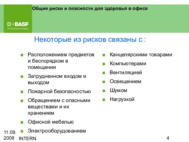 11.09.2008 INTERN Общие риски и опасности для здоровья в офисе Расположением