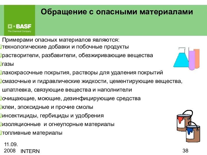 11.09.2008 INTERN Обращение с опасными материалами Примерами опасных материалов являются: технологические