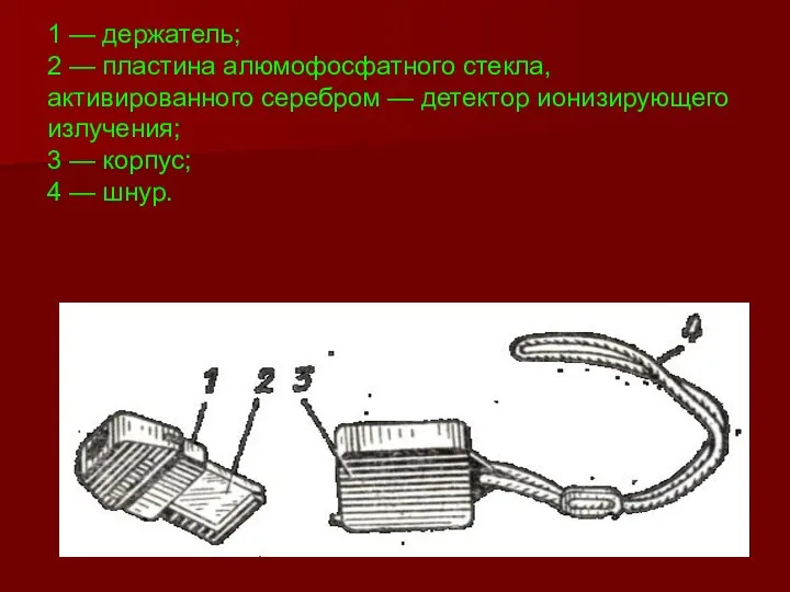 1 — держатель; 2 — пластина алюмофосфатного стекла, активированного серебром —