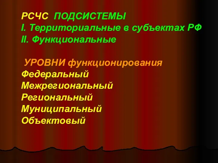 РСЧС ПОДСИСТЕМЫ I. Территориальные в субъектах РФ II. Функциональные УРОВНИ функционирования Федеральный Межрегиональный Региональный Муниципальный Объектовый